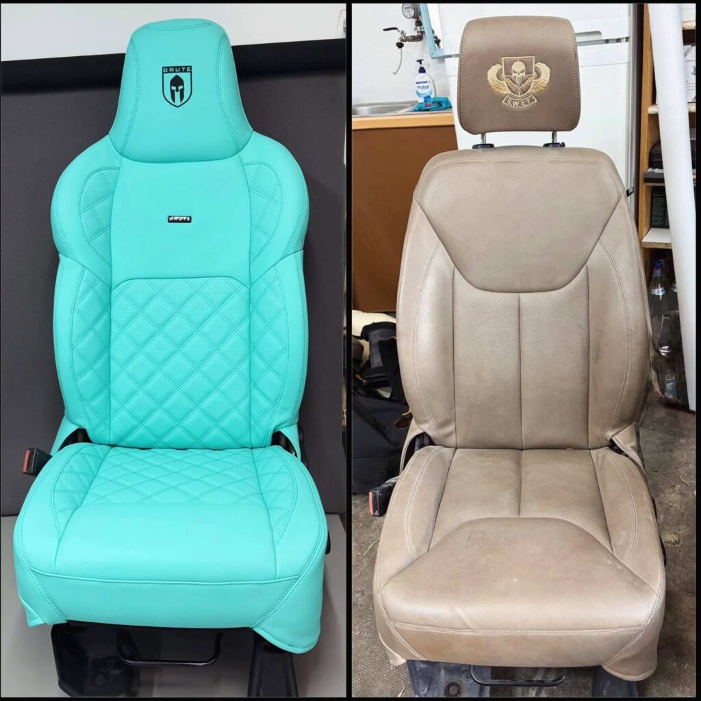 Scaun Jeep Wrangler JK modificat și retapițat, alături de scaunul original